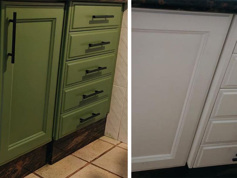 Transformación de muebles bajos de cocina lacados en verde RAL 6021
