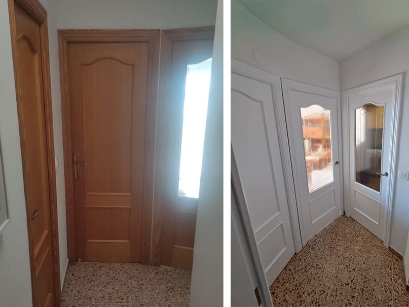 Transformación de puertas de madera de roble a blanco elegante