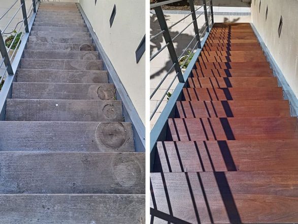 Escalera exterior renovada con barnizado profesional