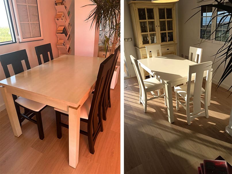 Mesa y sillas renovadas con lacado blanco para un comedor más luminoso