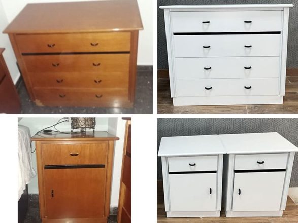 Cómoda y mesitas renovadas en blanco satinado: elegancia y frescura atemporal.