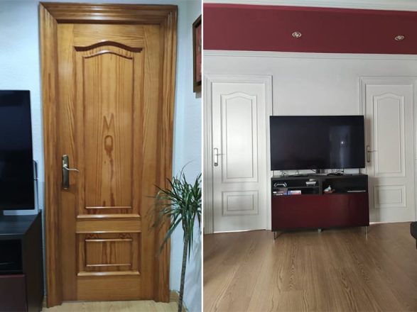 Transformación de puertas de madera de pino a blanco elegante